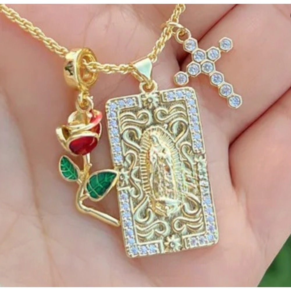 Cross Heart Shape Copper Zircon 18K Gold Plated Multi Charms Necklace Rope Chain